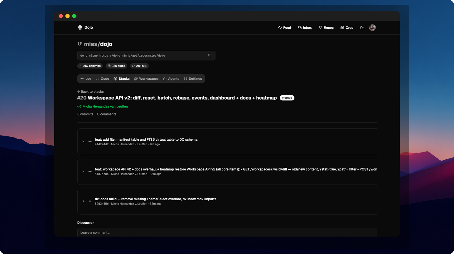 Stack detail view showing commits and discussion